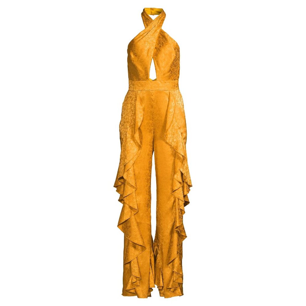 One33 Social Jumpsuit Yellow Orange Satin Floral Crossover Halter Ruffles 6
